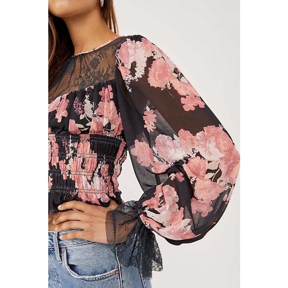 Free People Daphne Blouse Floral Print Lace Sheer Long Sleeve Blouse - Picture 2 of 12